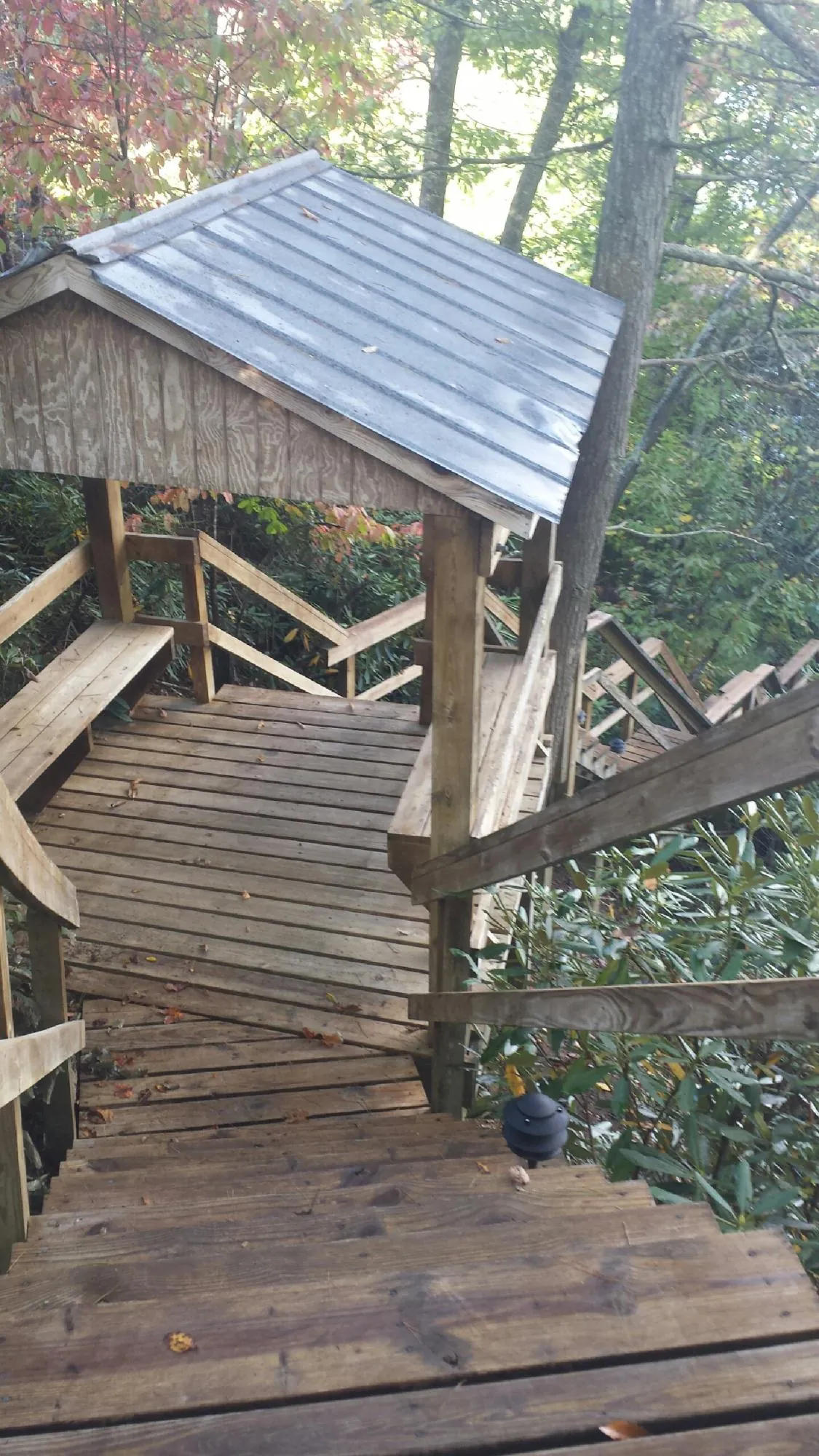 Metal roofed shelter over wooden steps on a wooded walkway — Skylight Repair & Installation work by our crew in Moscow Mills